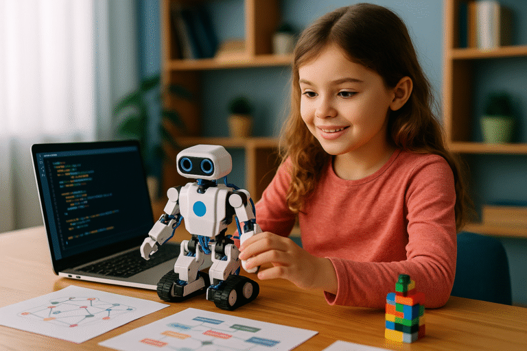 A child smiling while coding and interacting with a small robot, symbolizing creativity and AI learning